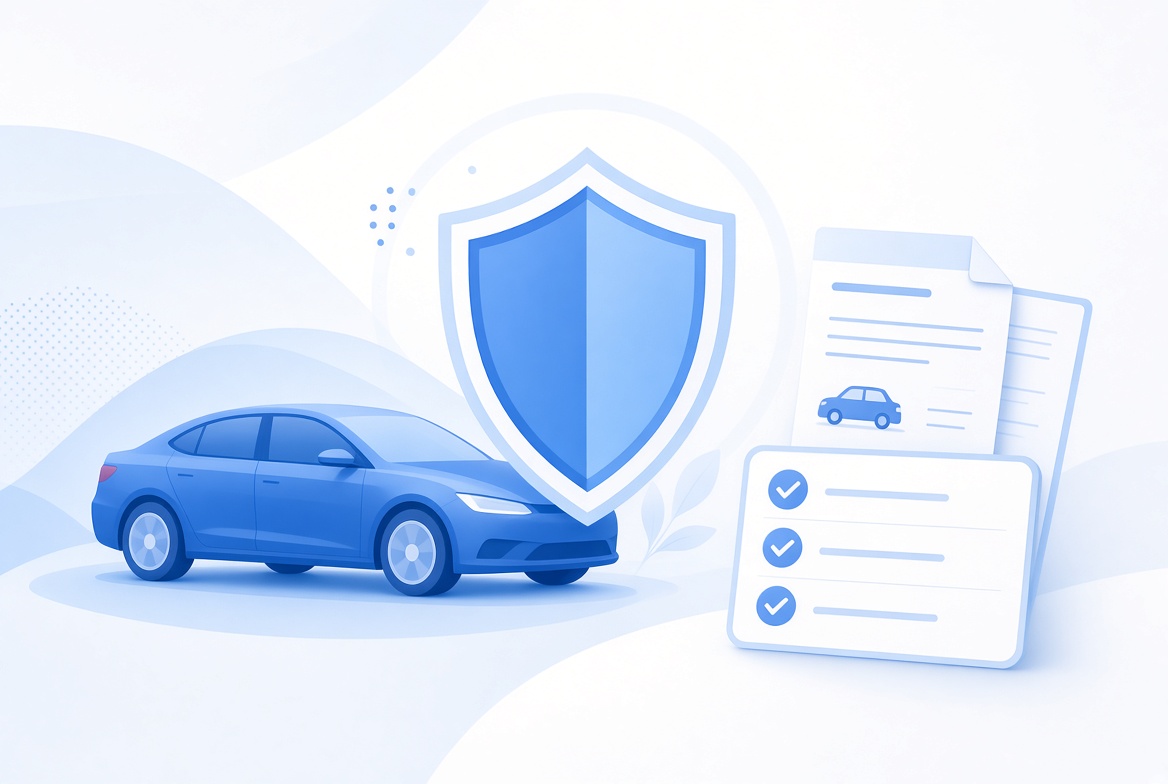 Illustration of car with protective shield and comparison documents